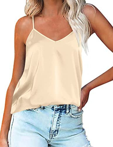 Ekouaer Damlinne silke damer satäng linnen v-ringad justerbar rem ärmlös cami väst topp S-XXL, Ljusbrunt, XL