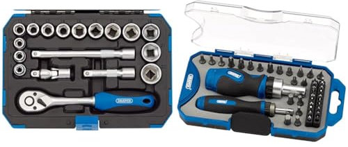 Draper 18 Piece Metric Socket Set with Ratchet Tool & Case - 3/8 Square Drive - DIY Home Professional & Car Kit, Blue & 46479 Ratchet Screwdriver and Bit 42 Piece Set, Blue
