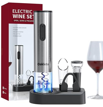 5-in-1 Electric Wine Opener Set Automatic Wine OpenerBattery Operated Wine Bottle Opener with Wine Stopper, Wine Pour, Foil Cutter, Storage Base, Gift For Wine Lovers（Stainless Steel ）