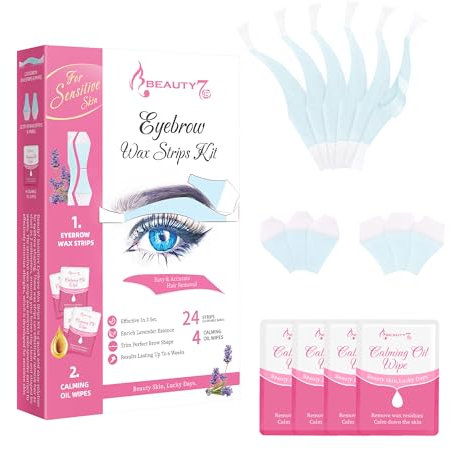 Beauty7 Augenbrauen Wachsstreifen Fit Wax Strips vorgeschnitten augenbrauen wachs 24stk augenbrauen wax streifen mit 4stk Wachsentferner Tücher enthaarungsstreifen Geeignet für sensible Haut Frau