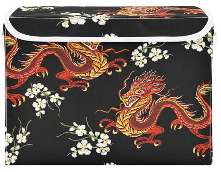 Aufbewahrungsboxen mit Deckel, orientalische Drachenblüte, faltbar, Stoff-Aufbewahrungswürfel mit Griffen, Aufbewahrungskörbe für Regale, Kleidung, Spielzeug, Kleiderschrank, 42 x 32 x 30 cm