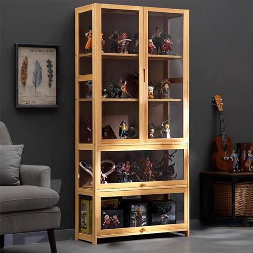 GLJTUO Glasvitrine, Antiker Schrank Mit Glastür, Antiker Schrank, Natürlicher Bambusrahmen, Einzel-/Doppeltür-Design, Praktische Aufbewahrung,Wood-color-65x32x170cm/L25.6