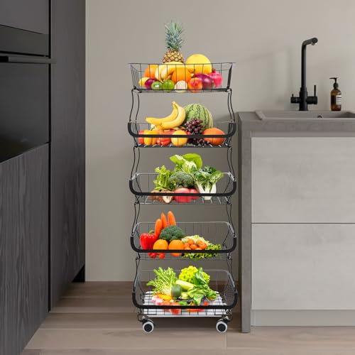 OUBUBY Frutero de 5 niveles, frutero de metal mate para más espacio en la encimera, cocina con ruedas, apilable cesta de frutas y verduras para pan, aperitivos, verduras