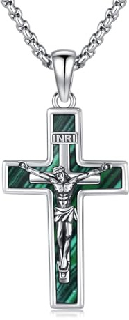 OHAYOO Kreuz Kette für Herren - 925 Silber Kruzifix Kreuzanhänger mit Abalone/Türkis/Malachit/Lapislazuli & Edelstahlkette - Christliche Silber Kette für Männer
