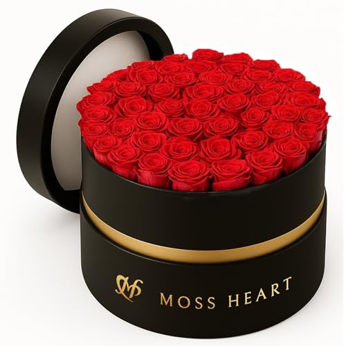 Moss Heart - 50 Forever Flowers - Konservierte Rosen Lang Anhaltende Unsterbliche Rosen - Ewige Rose Konservierte Blumen in Runde Box Geburtstag Muttertag & für Sie Frau Frauen - Rot