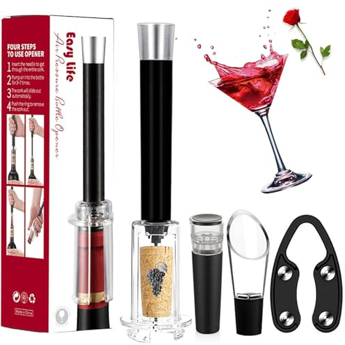 MIRACLEW Wine Opener Set, Air Pressure Cork Remover, Bottle Opener, Vacuum Stopper, Wine Pourer, Paper Cutter (Black)