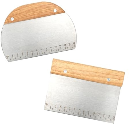 CXNXFD 2Pcs Edelstahl Backen Schaber Holzgriff Pasta Schneiden Pizza Kuchen Backen Messer Halbkreis und Quadrat Küche Schaber mit Skala