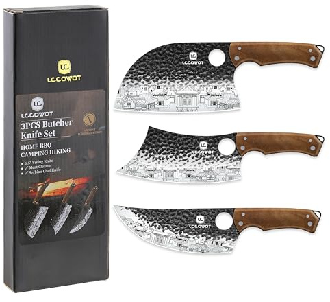 3PCS Butcher Knife Set, includes 7 Butcher Meat Cleaver, 7 Serbian Chef and 6.5 Viking Knife, Stainless Steel Kitchen Knife Set with Wood Handle, Geat for Indoor&Outdoor (Stylish Pattern)
