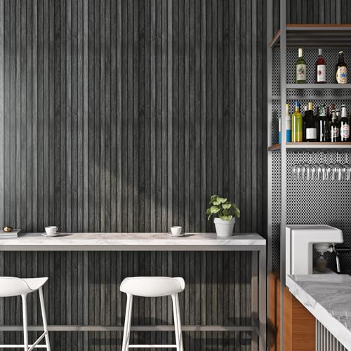 Livelynine Papier Peint Adhesif Mural Tasseau de Bois Noir 3D 90x500CM Papier Peint Autocollant Mural Bois Panneau Foncé Revetement Murals Chambre Salon Imperméable Papiers Collant pour Meuble Cuisine