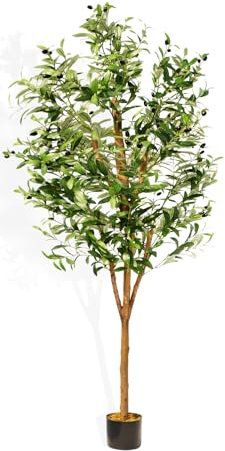 Olivo artificial para interiores de 6 pies de alto con tronco de madera natural, 1200 hojas realistas y frutos de olivo realistas, árbol de olivo falso en maceta para decoración del hogar y oficina