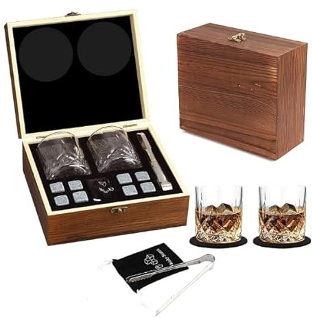 Premium Whiskey Glasses Gift Set, 2 Crystal Tumblers with 8 Granite Stones and Wooden Box