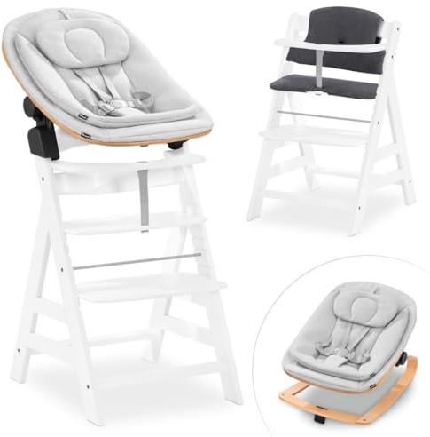 hauck Alpha+ Hochstuhl Newborn Set mit Eco Bouncer - Weiß | Mitwachsender Holz Kinderhochstuhl ab Geburt bis 90 kg | inkl. Neugeborenenaufsatz & Sitzkissen