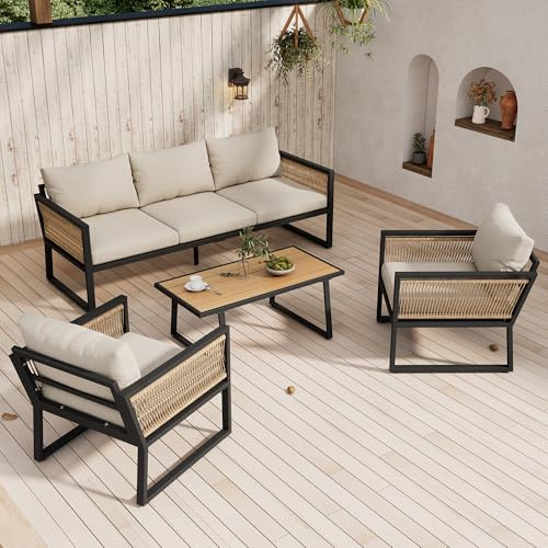 Jtyca Gartenmöbel Set, 4-TLG Balkon Möbel Set, Lounge Möbel Outdoor, Terassenmöbel mit 3er Sofa, 2 Sessel und Couchtisch, Tischplatte aus Kunststoffholz, Armlehnen aus Geflochtenem Seil, Beige
