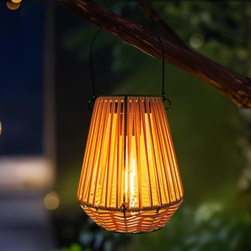 Solarlampen für Außen Hängend, Solar Rattan Laternen mit LED Glühbirne für Draußen, Hängend& Stehend, IP65 Wasserdicht Solarleuchten garten deko für Terrasse Garten Innenhof Balkon Deko (01)
