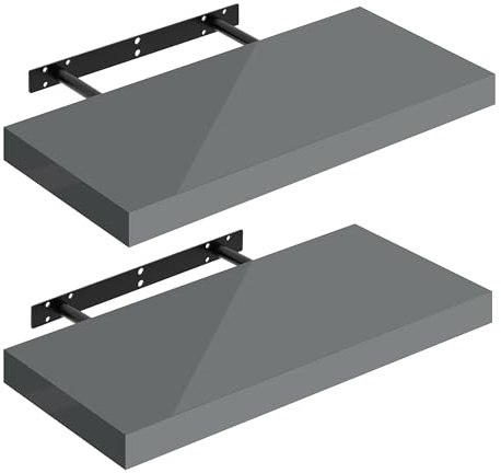 WOLTU Wandregal Regal Schweberegal,Hochglänzend Grau,50x22,9x3,8cm 2er | Wandboard 2er mit Metallhalterung, für Küche Badezimmer Wohnzimmer Schlafzimmer, aus MDF, Regale mit der höchsten Träger 10kg