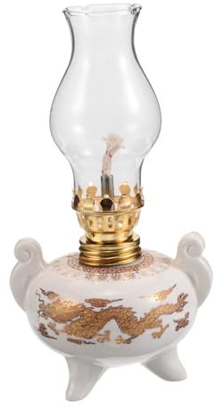 ULTECHNOVO Öllampe Petroleum Tischlampe Keramik mit Doppeltem Drachenmuster Weiße im Chinesischen Vintage Stil Dimmbare aus Glas für Sammler und Notbeleuchtung