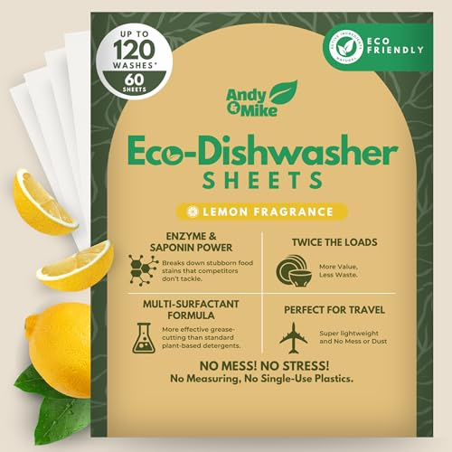 Andy & Mike Eco-Friendly Dishwasher Dishwashing Sheets | 120 Loads (40 More Washes, Better Results) | Cuts Through Tea Stains | Plastic Free | Plant Based | Biodegradable | Lemon Fresh