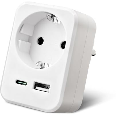 EXTRASTAR Enchufe USB Multifunción- 2 Puertos USB + 1 Toma de CA, Enchufe de Pared para Hogar, Cocina y Oficina, Color Blanco