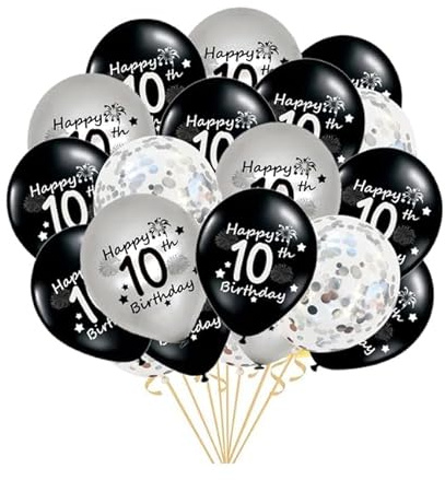 21 Stück Luftballon 10. Geburtstag Schwarz Silbern für Jungen Mädchen, Happy 10 Birthday Ballons Latex Konfetti Ballons Deko für Ihn Sohn 10 Jahre Alt Zweistellig 10. Geburtstag Party(10.)