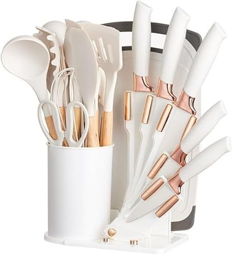 Batterie de Cuisine en Silicone, 19 Pièces, Spatule Antiadhésive, Cuillère et Couteau, Plusieurs Couleurs, Blanc
