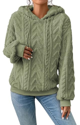 Zetieny Dam Fleece Hoodie Tröja Jacquard Långärmad Pullover Casual Oversize Dragsko Toppar, Grön, S