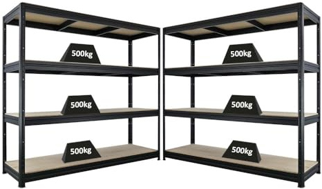 PROREGAL Mega Deal 2er-Sparset Schwerlastregal Dino HxBxT 180x200x60cm 4 Spanplatten-Ebenen 16mm Fachlast 500kg Schwarz, Kellerregal, Steckregal, Garagenregal, Lagerregal