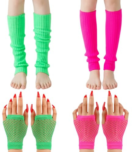 ZaoGoin 4 Stulpen Damen, Leg Warmers, 80er Jahre Party Accessoires, 2 Paar Stulpen und Handschuhe in Rosa und Grün für Kostümpartys und Bühnenauftritte