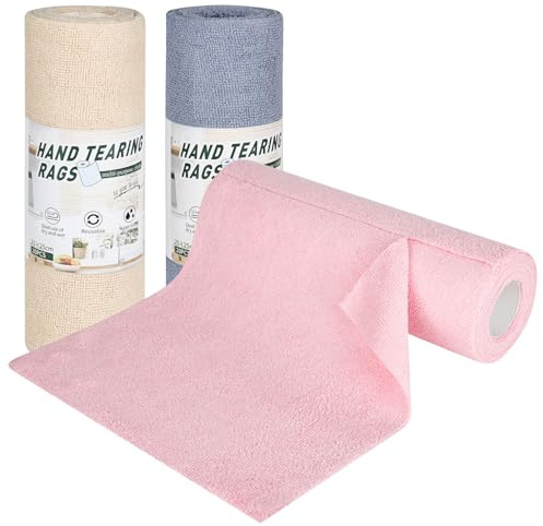 XCRPRT Rollo de Bayetas Microfibra, 20 Unidades x 3, paños de Limpieza extraíbles, paños de Limpieza Reutilizables para Cocina, baño y hogar, 25 x 25 cm, Color Rosa y Gris y Albaricoque