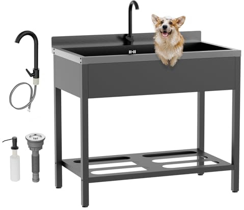 ROVSUN Black Electroplated Stainless Steel Utility Sink with Towel Rack and Storage Shelf, 23.2D x 41.7W x 38.9H, Freestanding Laundry & Prep Sink for Home, Restaurant, Garage, and Outdoor Use