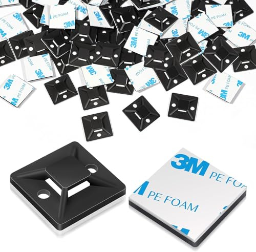 100 Pcs Cable Tie Mount 28 x 28mm, Black Self Adhesive Wire Tie Base Holders, Sticky Zip Tie Pads Clips for Home Office Cables Management