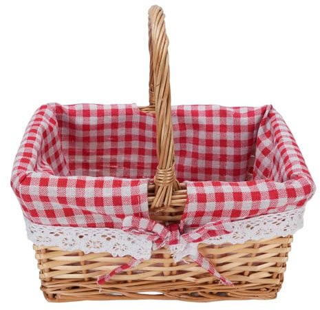 Ejoyous Flätad Picknickkorg, Pilvävd med Handtag och Avtagbart Linnefoder för ägginsamling, Godis (Röd pläd)