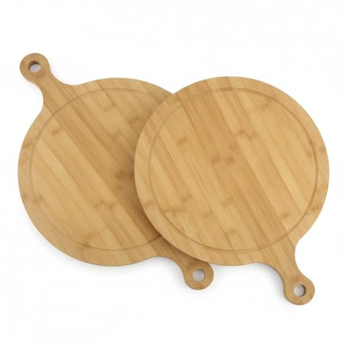 hausleben Pizzabrett 2er Set Ø 35x46x,2,0 cm aus Bambus – Rundes Pizza-Servierbrett mit Griff & Saftrille – Schneidebrett für Pizza, Brot & Snacks – Nachhaltig & robust