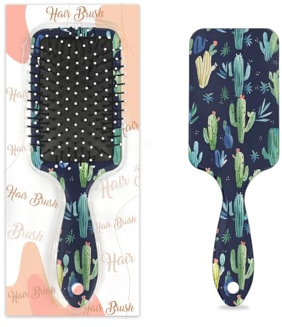 Watercolor Green Cactus Cute Hair Brush, Detangling Hair Brush for Thick, Curly Hair, Air Cushion Massage Comb, Premium Ladies Gift for All Hair Types