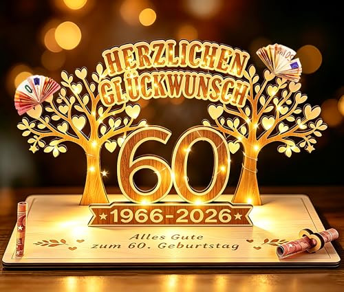 Giftota - 2026 Originelle Geldgeschenk zum 60. Geburtstag Frauen & Männer - 60 Geburtstaggeschenk - DIY Holz-Schild Gästebuch mit LED Lichterkette - 60 Geburtstag Deko - Personalisierbares Geschenk