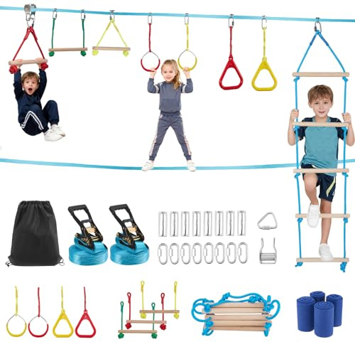Brolteja Ninja Slackline Set für Kinder, 15m (50FT) Outdoor Hindernisparcours mit Klettergerüst, Ringen, Seilrutsche & Baumschutz, 3–10 Jahre, 50kg Belastbarkeit