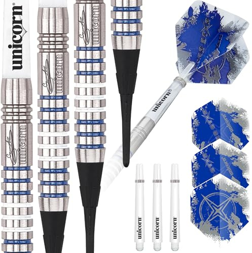Unicorn Soft Tip Darts Set - Gary 'The Flying Scotsman' Anderson Silver Star - 80% Natural Tungsten Barrels with Blue Accents - 17 g, 18 g, 19 g or 20 g