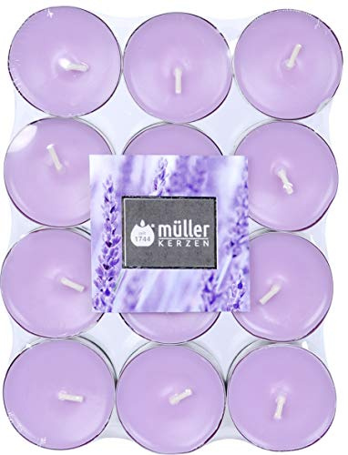 Müller 192 Duft Teelichter - Lavendel - 4 Stunden Brenndauer - Ø39 mm - Farbe Flieder - Premium Lavender Fields Duftkerzen - Gegossenes Wachs - RAL Qualität