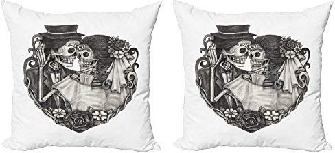 Lunarable Tattoo Throw Pillow Cushion Cover Pack of 2, Skull Wedding Day of Dead Couple Bride and Groom Endless Love Vintage Artwork Print, Zippered Double-Side Digital Print Decor, 24, Grey Ash