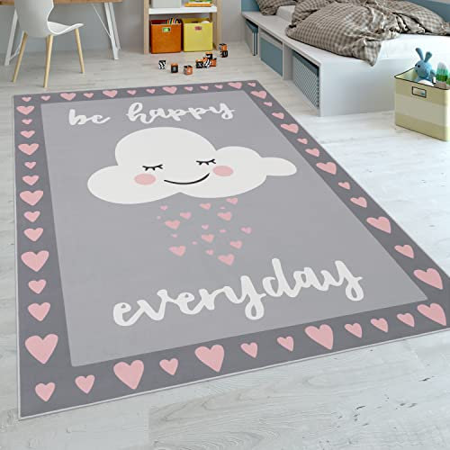 Paco Home Kinderteppich, Spielteppich Für Kinderzimmer, Spruch-Motiv Und Wolke, Grau Rosa, Grösse:80x150 cm