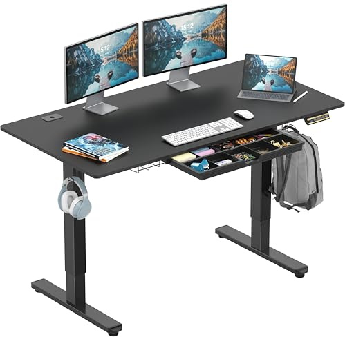 SHW 55 x 28 Inches Electric Height Adjustable Standing Desk with Drawer and Memory Preset, Black