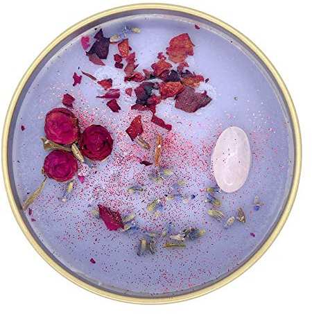 Fifi Peony's Gemstone Candles - Infused with Healing Rose Quartz Crystals and Hand Placed Dried Flowers. Scented with Soothing Fig in Natural Soy Wax. Burns with an Elegant Wooden Wick. 8oz