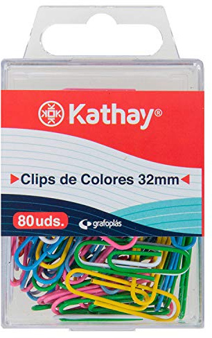 Kathay 86400599. Boîte de 80 clips couleurs assorties, 32 mm, nickel, plastifiés