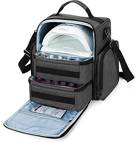 BAFASO Organizador Esmaltes de Uñas para 48 Botellas (15ml-0.5 FL.oz) y Lámpara Secadora de Uñas, Estuche Grande para Esmalte de Uñas con 2 Bolsas Extraíbles, Neceser Esmaltes de Uñas, Negro