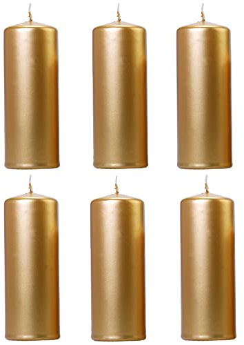 DekoHaus Stumpenkerzen Metallisch Gold 15 cm x 6 cm – 6 Stück Kerzen, Brenndauer ca. 30 Std, Metallic Kerzen für Hochzeit, Geburtstag, Weihnachten, Dinner, Party