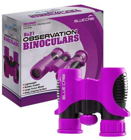 BlueCabi 8x21 Kids Binoculars – Compact, Durable and Lightweight with Magnification up to 8X – with Rubber Coating and Anti-Slip Texture – Includes Neck Strap, Wipe Cloth & Carry Case – Purple/Black