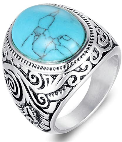 Ayoiow Ring Biker Edelstahl, Siegelring mit Gravur Vintage Türkis Ring Breit 16mm Ring Größe 60 (19.1)