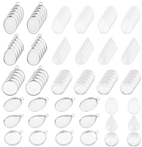 UNICRAFTALE Ca. 90 Sets Flache Runde Cabochon Anhänger Tropfen Cabochons Tabletts Ovale Lünette Cabochon Anhänger 304 Edelstahl Anhänger Cabochon Sets Für Herstellung Halsketten Und Schmuck