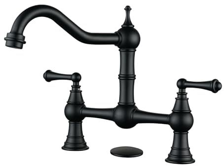 WOWOW Black Bridge Kitchen Faucet 2 or 3 Hole Antique Brass Bridge Faucet 2 Handle 8 Inch Centerset Farmhouse Kitchen Sink Faucet 360° Swivel Vintage Tap