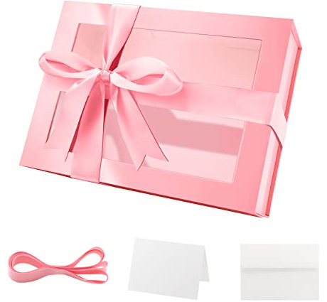 PACKQUEEN Rosa Geschenkbox mit Fenster, 22,9 x 16,5 x 9,5 cm, transparente Geschenkbox für Geschenke, enthält Band, Karte, Brautjungfernantragsbox mit magnetischem Deckel (glänzendes Rosa)