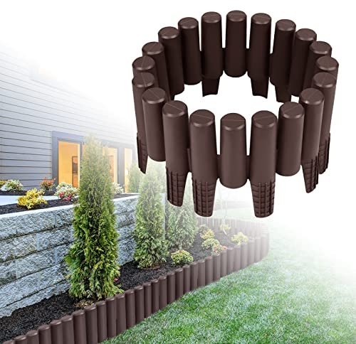 LZQ 5,6m Rasenkante Kunststoff Gartenpalisade Holzoptik Palisade Flexibel Beetzaun Beetumrandung Beeteinfassung für Gärten, Gras-und Steintrennung - Braun, 20 Stück